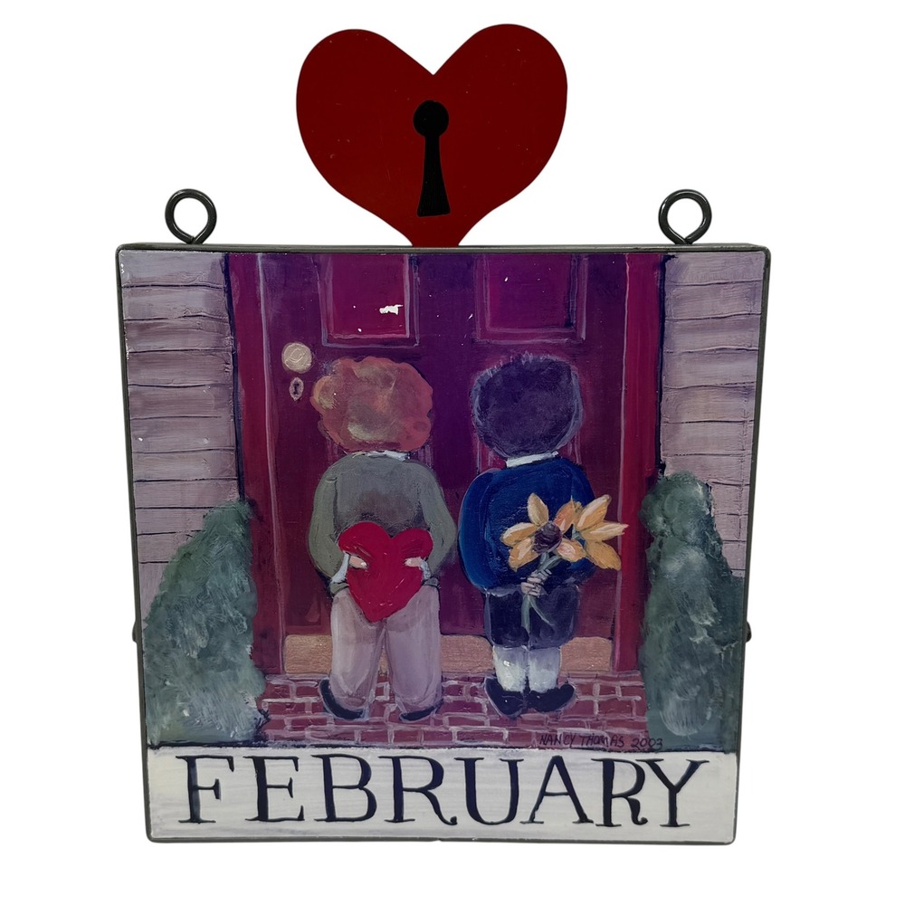 Nancy Thomas Art for Living February Calendar Plaque Heart Folk Art 2003 Metal - Picture 5 of 7